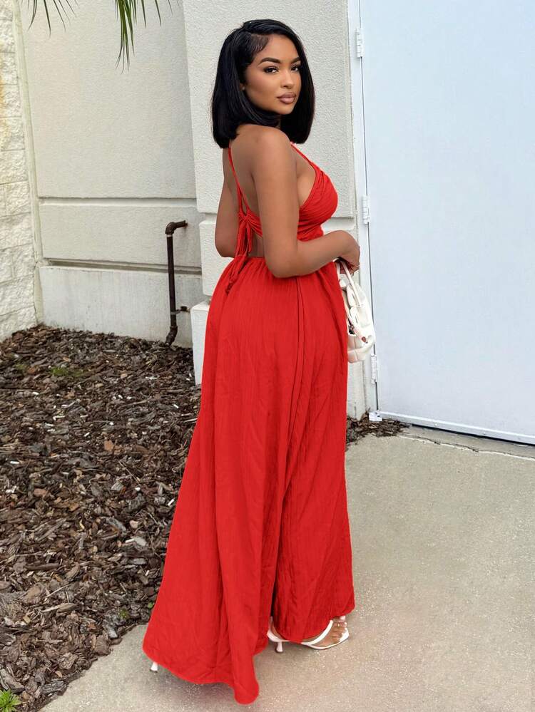 Alexandranx Crisscross Tie Backless Halter Swing Dress Maxi Women
