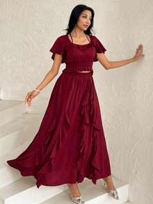 Modelyn Bộ đồ thể thao màu đỏ rượu vang kiểu dáng nghỉ dưỡng, áo tay ngắn cổ trái tim thắt eo kết hợp với chân váy xếp ly, thích hợp cho mùa xuân/hè. - Màu Đỏ Sâu - View 5