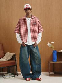 TOKVUE 夏季度假红白格子“TOKVUE”贴布宽松短款衬衫，年轻休闲风格，送给男朋友的理想礼物。 - 紅色 - 查看 2