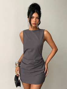 Aloruh 女士春夏新款优雅性感深灰色休闲通勤都市时尚无袖镂空袖收腰迷你连衣裙 - 深灰色 - 查看 5