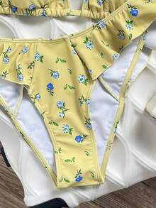 Swim Mod 1pc Women's Yellow Floral Print Triangle Style Sexy Beach Resort Swimwear Set - Multicolor - View 5