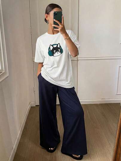 DAZY 2pcs/Set Women Casual Cat Pattern Loose Short Sleeve T-Shirt And Pants Suit