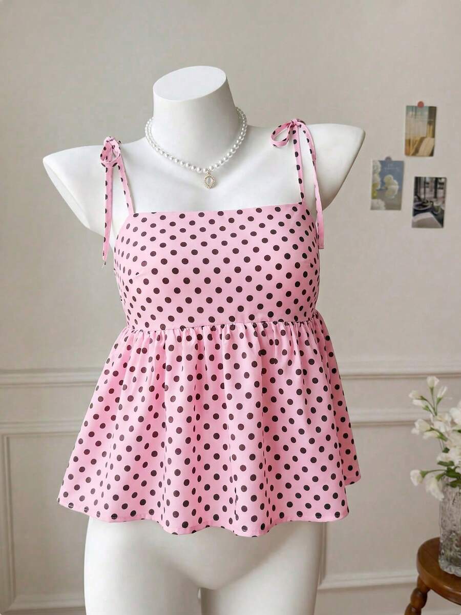 Comfortcana Áo hai dây màu hồng chấm bi dệt kim dành cho nữ - Hồng - Xem 1
