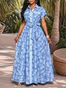 SHEIN Lady 女士格子打结褶皱腰身优雅束腰连衣裙，适合派对穿着 - 藍色 - 查看 10