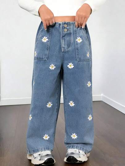SHEIN Playful Pals Young Girls Jeans, Mid-Blue Denim Color, Academic Style, Comfortable Cotton, Minimalist Casual, Cute Floral Print Decor, Suitable For Daily Wear, Party, Travel, Back To School, Versatile Outdoor Commute Jeans