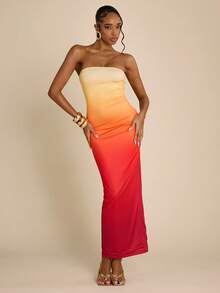 SHEIN BAE 渐变印花无肩带修身长款连衣裙，性感音乐节及约会之夜连衣裙，度假连衣裙 - 橘色 - 查看 5