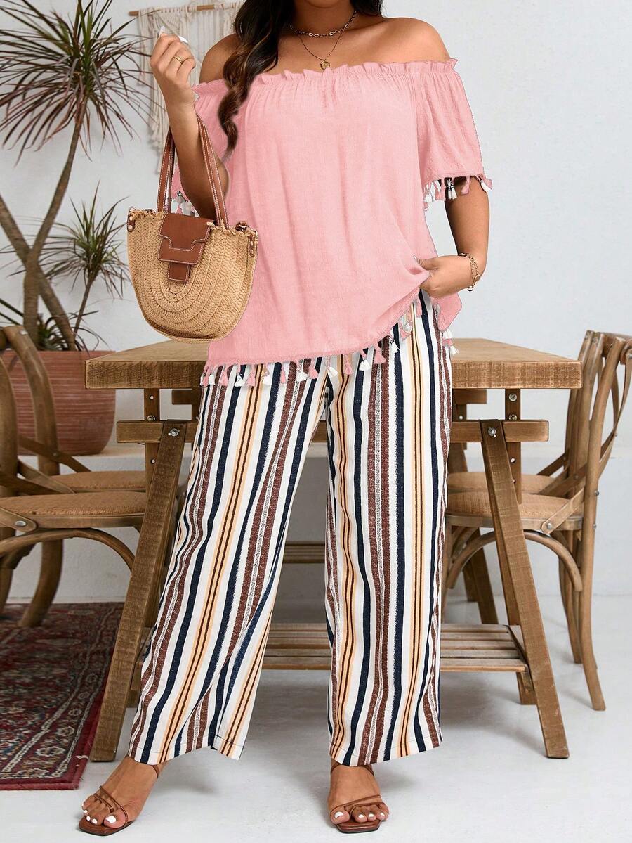 Conjunto de 2 piezas de top hombros descubiertos de unicolor minimalista y pantalones a rayas, para uso casual diario en talla grande - Rosa vieja - Ver 1