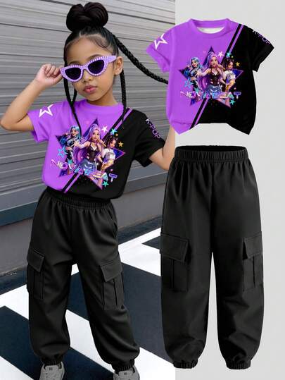 Conjunto casual de camiseta de manga corta con estampado gráfico de KPOP y pantalones cargo
