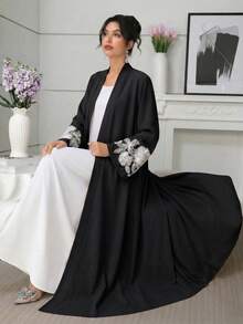 Al Najma 刺绣串珠长袖女式长袍 - 黑色 - 查看 3