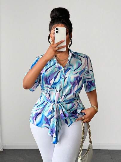 Maweii 2026 New Plus Size Women's Summer Satin Shiny Polka Dot Print Shirt Collar Design Tie Front Short Sleeve Blouse