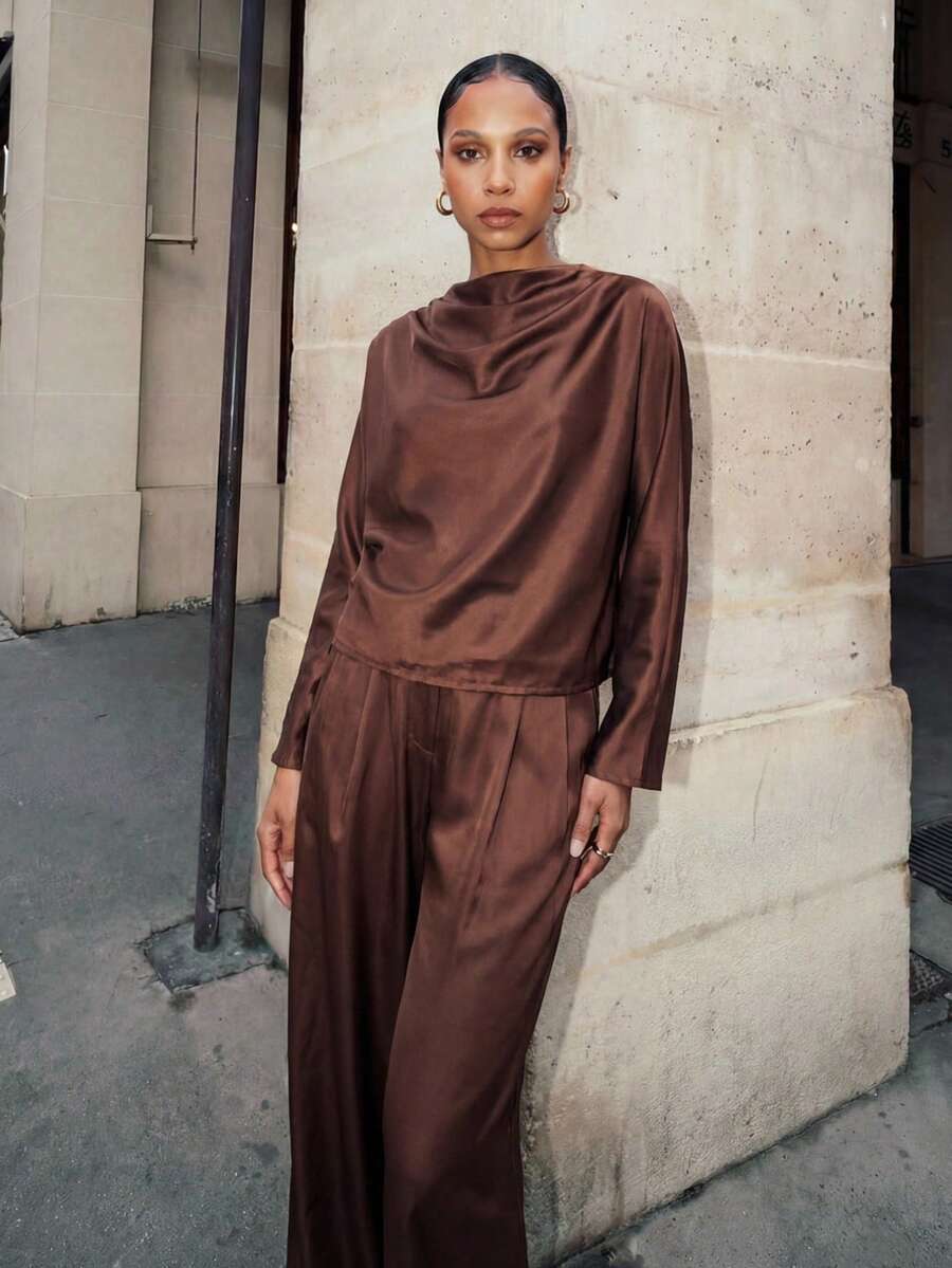 Zivah Coffee Brown Set Elegant Women's Set  The New Autumn And Winter Wedding Season New Year Valentine's Day Collection Is Suitable For Daily Dates, Commutes, Business, Ladylike, Elegant, Cruise Parties, Simplicity, Popular Online , Birthday Banquets, High-End Parties, Office Wear, Batsleeve Long-Sleeved, Pleated Collar, Loose Top, Pullover + Wide-Leg Pants, Long Pants, Brown Satin Shiny Women's Two Pieces Set Brown Two Piece Set