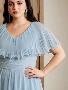 Anewsta Vestido plisado de línea A con cuello en V elegante, cintura ceñida y mangas de murciélago para mujeres de talla grande - Azul - Ver 2