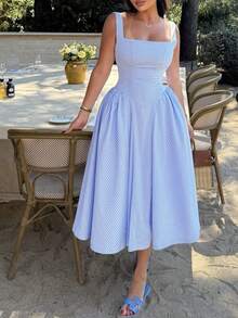 SHEIN Frenchy Vestido midi casual de mujer sin mangas a cuadros para vacaciones - Azul y blanco - Ver 8