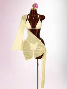 Amplova Women's 3 PiecesBeaded Swimsuit Set Including Sexy Halter Mesh Coverup, Suitable For Holiday Wear With Tie Details - Light Yellow - View 8