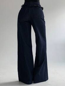 DAZY 女士纯色褶皱喇叭宽松休闲度假夏季牛仔裤 Y2k - 藍色 - 查看 2