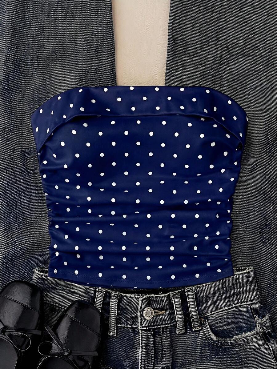 Atasan Camisole Minimalis Kasual Berkerut Motif Polkadot untuk Anak Perempuan Remaja, Cocok untuk Pemakaian Sehari-hari - Navy Blue - View 1