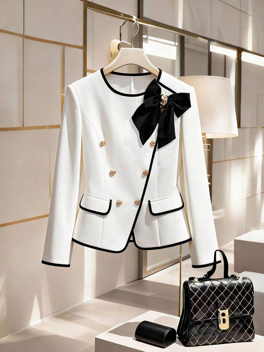 GlowEve CURVE 大码女式优雅新款纯色撞色长袖外套女式套装 - 白色 - 查看 1