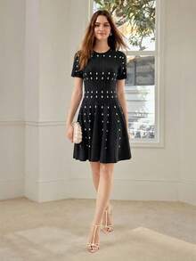 MOTF PREMIUM VESTIDO MINI DE PUNTO DE MANGA CORTA ELEGANTE PARA CITAS, PRIMAVERA/VERANO PARA MUJER - Blanco y Negro - Ver 1