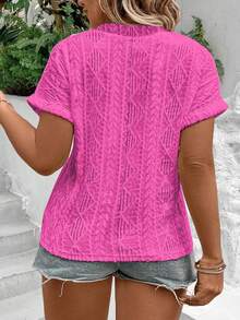 EMERY ROSE Fashionable Casual Basic Textured Fuchsia Argyle Embroidered Plus Size T-Shirt - Hot Pink - View 2