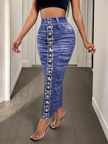 Glyssa Minifalda ajustada y sexy con estampado para mujer - Azul lavado medio - Ver 3