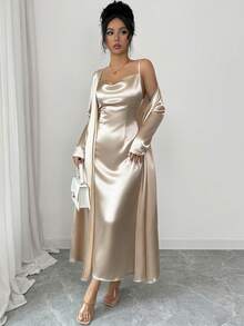 SHEIN Elenzya 女士优雅长袖开衫吊带裙套装（两件套），适合派对、家庭聚会、通勤和日常休闲穿着。 - 杏色 - 查看 6