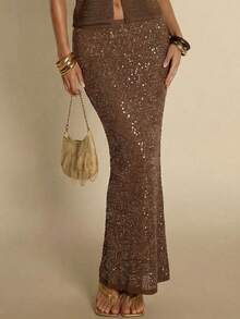 SHEIN BAE 女士亮片休闲百搭约会之夜针织裙 - 咖啡棕 - 查看 4