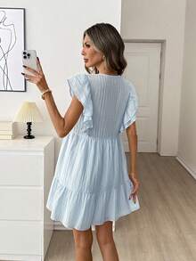 Easowa Vestido de verão casual para mulheres com decote em V, cor sólida, para encontros e brunch, azul claro, vestido com folhos, roupa de trabalho para mulheres, roupa de férias para mulheres, vestidos elegantes para mulheres, vestido que disfarça a barriga, vestidos para férias, vestido fofo para mulheres, vestido de verão, vestido Grécia, novo lançamento, vestido casual para piquenique para mulheres, vestidos para senhoras - Azul - Ver 2