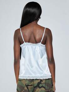 COUREZ 缎面蕾丝吊带背心 /Y2K 春季女装蓝色无袖吊带背心可爱外出夏季节日夏季上衣 - 藍色 - 查看 3