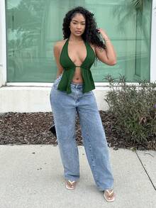 Alexandranx Summer Front Slit, Backless, Knotted Halterneck Black Top Party Tops - Dark Green - View 4