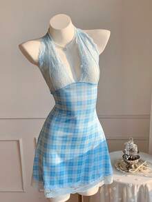 Comfortcana Women's Contrast Lace Plaid Deep V-Neck Sexy Halter Mini Dress - Baby Blue - View 5