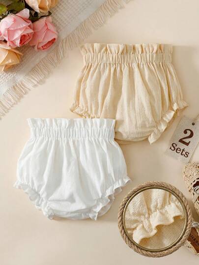 SHEIN 2 Pack Baby Girls Toddler Kids Infants Clothes Cute Stylish Bohemela Solid Color Ruffle Trim High Waist Bloomer Shorts Pants Trousers Bottoms Soft Breathable Outfits Set For Vacation Travel Beach Summer Spring