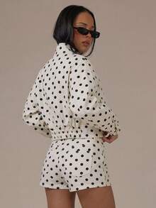 MUSERA 牛仔高领灯笼袖拉链外套，春夏可爱舒适田园风春日露珠 - 黑與白 - 查看 2