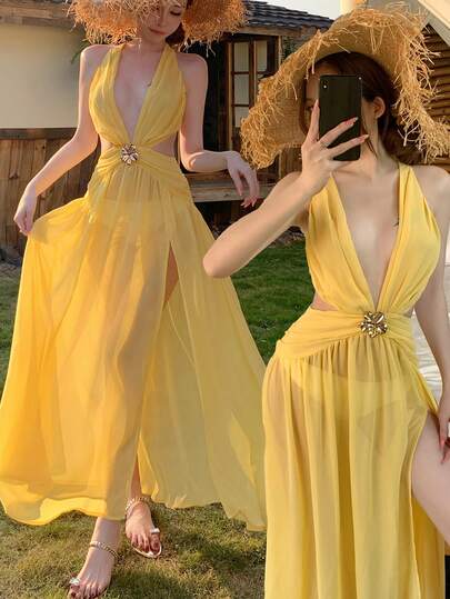 Livesso Women's Long Dress Style Backless Beach Cover Up, Sexy Casual Swimsuit
