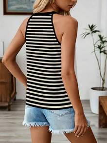 Spaghetti Strap Striped Camisole, Fashionable Sleeveless Top With Elegant Vibe, Suitable For Summer Wear - Apricot - View 2