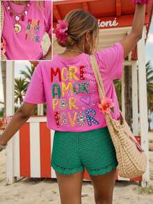SHEIN LUNE Plus Size Colorful Graphic Round Neck Short Sleeve Casual T-Shirt, Summer - Hot Pink - View 4