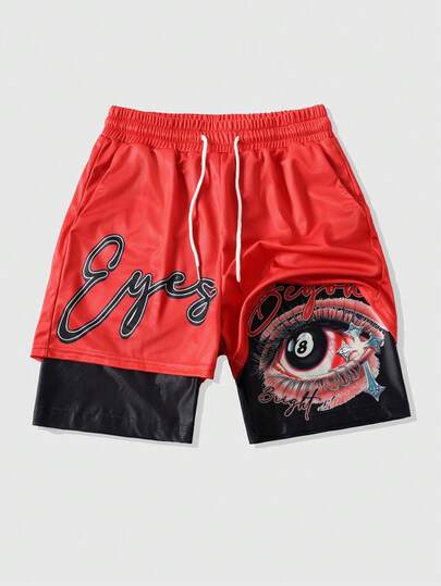 ROMWE MEN Street Life Men's Printed Basketball Shorts With Faux Two-Piece Design, Suitable For Daily Wear In Spring/Summer