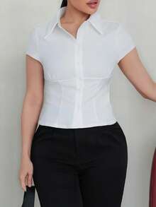 Milla Jasmine 女士优雅春夏通勤日常休闲纯白色短袖褶腰衬衫 - 白色 - 查看 4