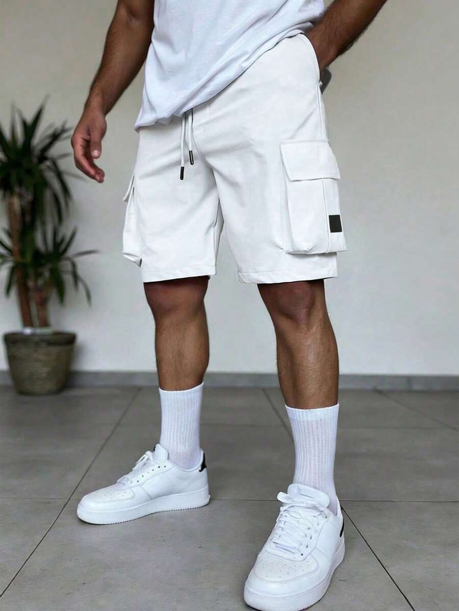 Manfinity Homme Quần short cargo nhiều túi mới dành cho nam, kiểu dáng thời trang thường ngày, dài đến đầu gối. - trắng - Xem 1