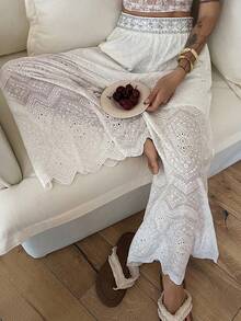 DAZY Women's Solid Color Jacquard Fabric Patchwork Sequin Waistband Loose Wide Leg Pants, Elegant Resort Wear For Summer Boho Vacation Outfits Women - White - View 9
