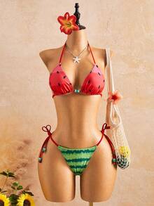 Swim Mod Women's Watermelon Print Halter Neck Swimsuit Set - Red - View 6