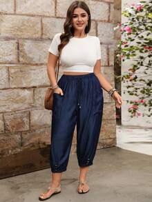 EMERY ROSE Plus Size Boho Navy Blue Pants For Women,Autumn Casual Drawstring Elastic Waist Adjustable Buckle,Side Large Pockets Vacation Holiday Summer Pants - Navy Blue - View 6