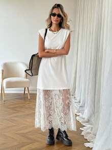 SHEIN LUNE 女士休闲纯色蕾丝拼接无袖长连衣裙，春夏日常穿着、通勤和外出必备单品。女士休闲装、女士夏季装、白色意大利连衣裙、波西米亚风休闲连衣裙、无袖连衣裙、蕾丝连衣裙、白色连衣裙、新款连衣裙 - 白色 - 查看 4