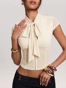 SHEIN BAE 女士性感镂空网纱拼接上衣，夏季 - 杏色 - 查看 3