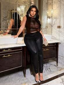 NU&NOW Colete feminino plus size sexy e casual com recortes e rasgos, ideal para uso casual e diário. - Castanho - Ver 4