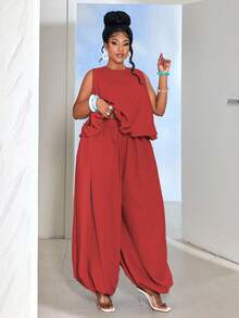 Maweii Conjunto de 2 piezas de top sin mangas y pantalones de unicolor minimalista talla grande - Rojo - Ver 7