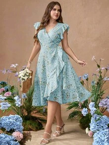 Roveilla Đầm dệt họa tiết hoa nhí tay bồng, eo dáng xòe. - Màu xanh lam - Xem 3