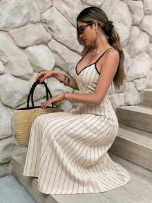 Serisse Đầm midi nữ kẻ sọc hở lưng buộc dây kiểu dáng thường ngày - Màu be - Xem 7