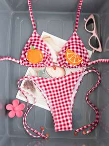 Swim Mod Women's Summer Beach Vacation Style Orange Embroidery Plaid Print Twist Front Halter Bikini Top - Pink - View 3