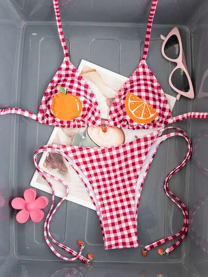 Swim Mod Women's Summer Beach Vacation Style Orange Embroidery Plaid Print Twist Front Halter Bikini Top