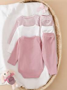 Newborn Baby Bow Decor Long Sleeve Bodysuit And Pants Set - Pink - View 2